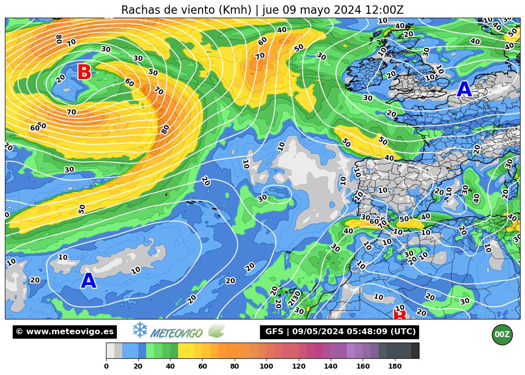 Atlántico Norte<br>Rachas de viento (Km/h)