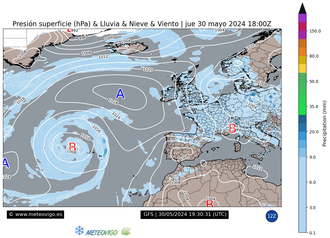 Atlántico y Europa<br>Presión, nevadas, lluvias y viento