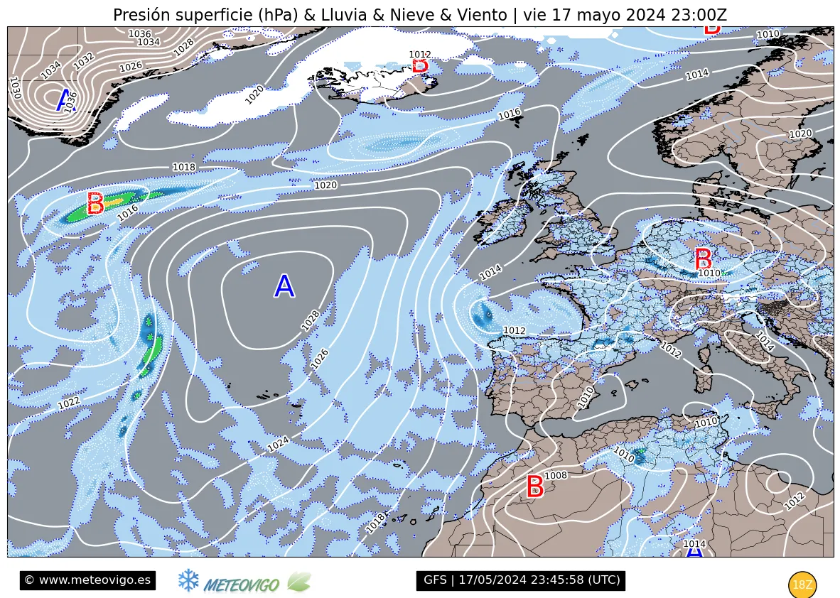 Atlántico y Europa<br>Presión, nevadas, lluvias y viento