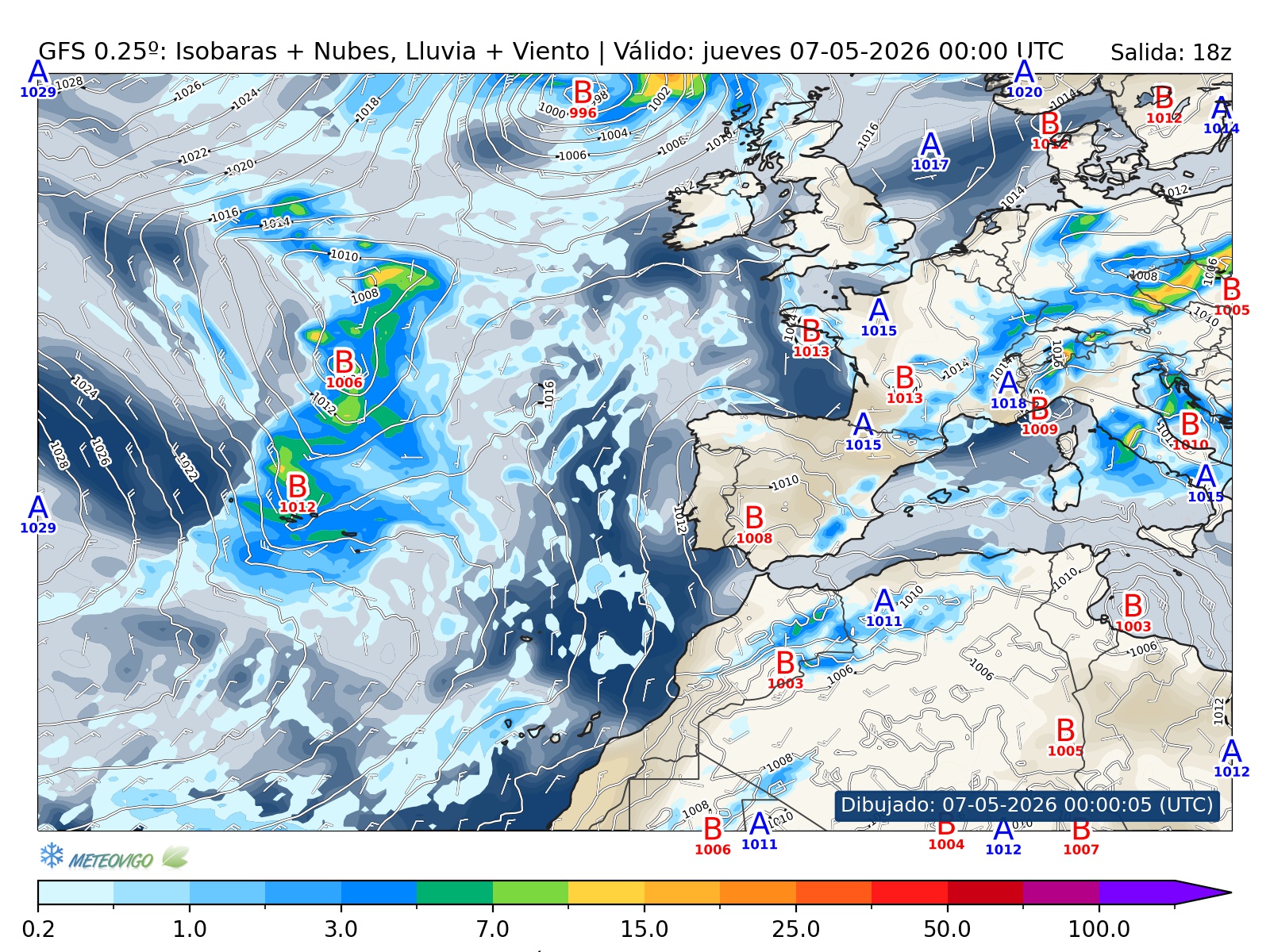 mapa GFS lluvia isobaras nubes viento hora 006