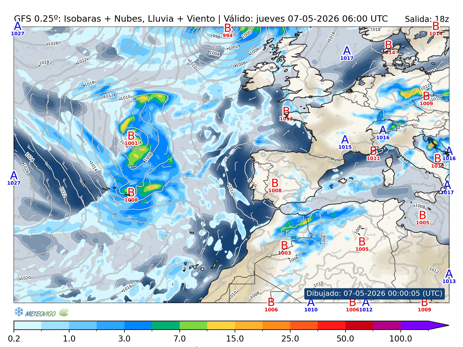 mapa GFS lluvia isobaras nubes viento hora 012