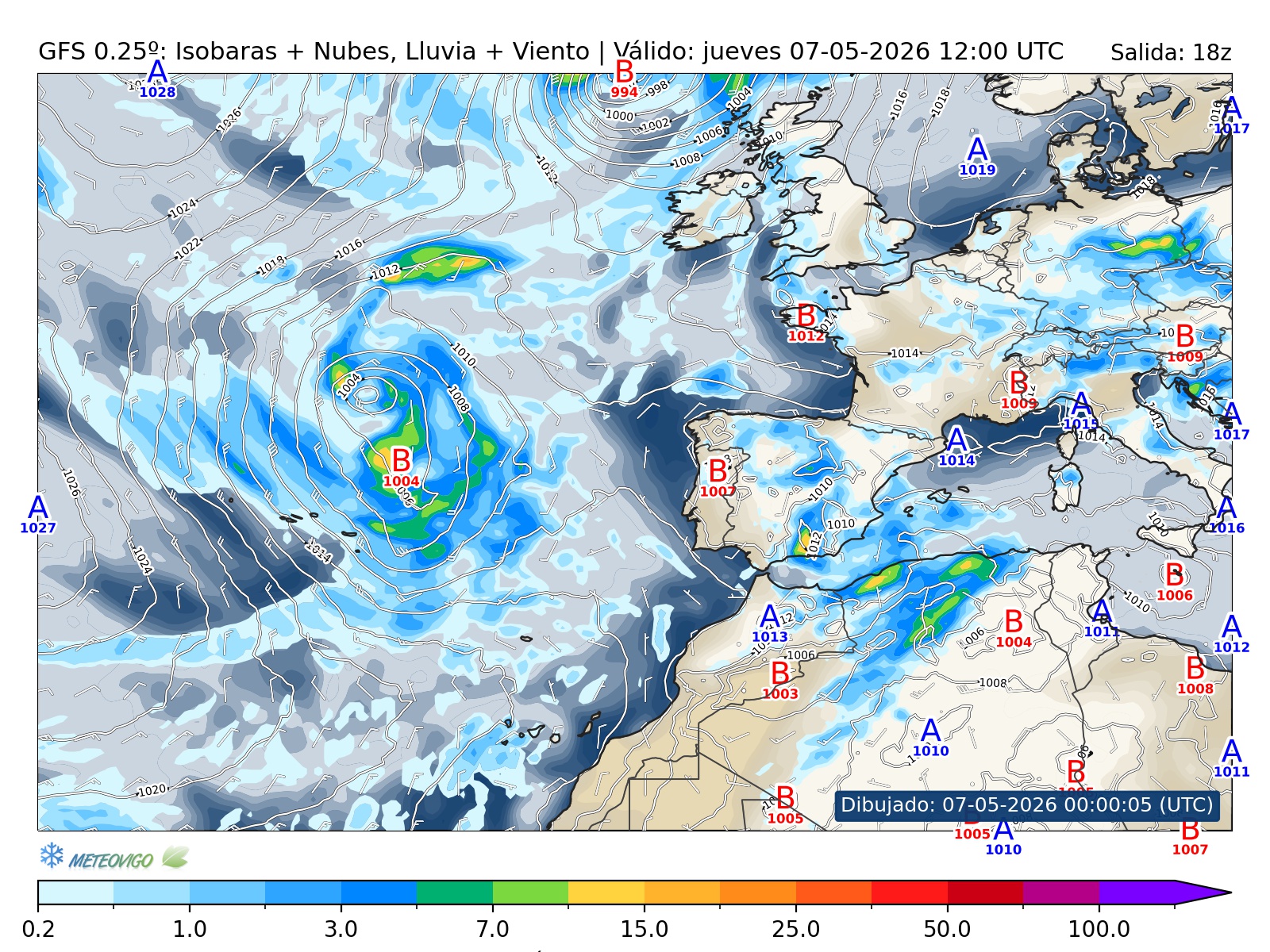 mapa GFS lluvia isobaras nubes viento hora 018