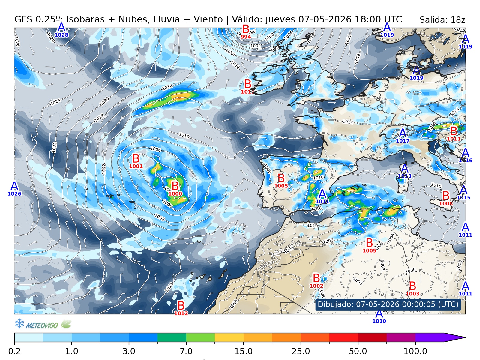 mapa GFS lluvia isobaras nubes viento hora 024