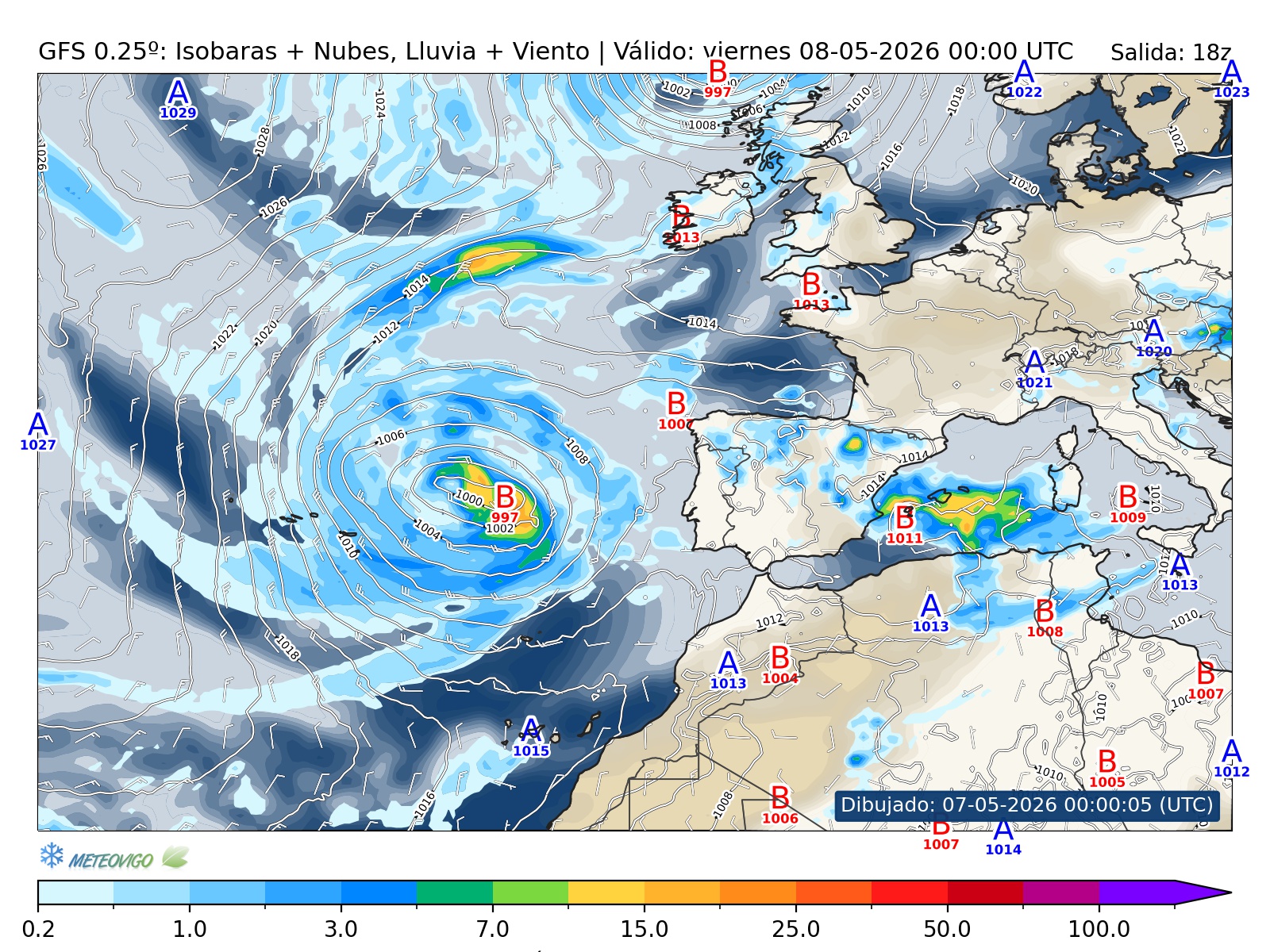mapa GFS lluvia isobaras nubes viento hora 030