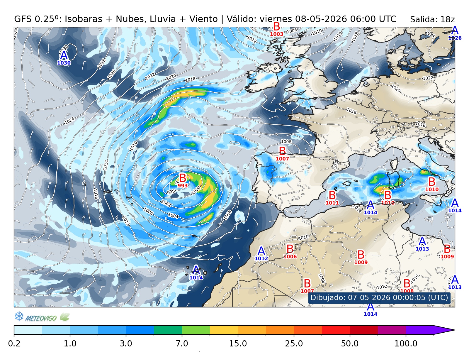 mapa GFS lluvia isobaras nubes viento hora 036