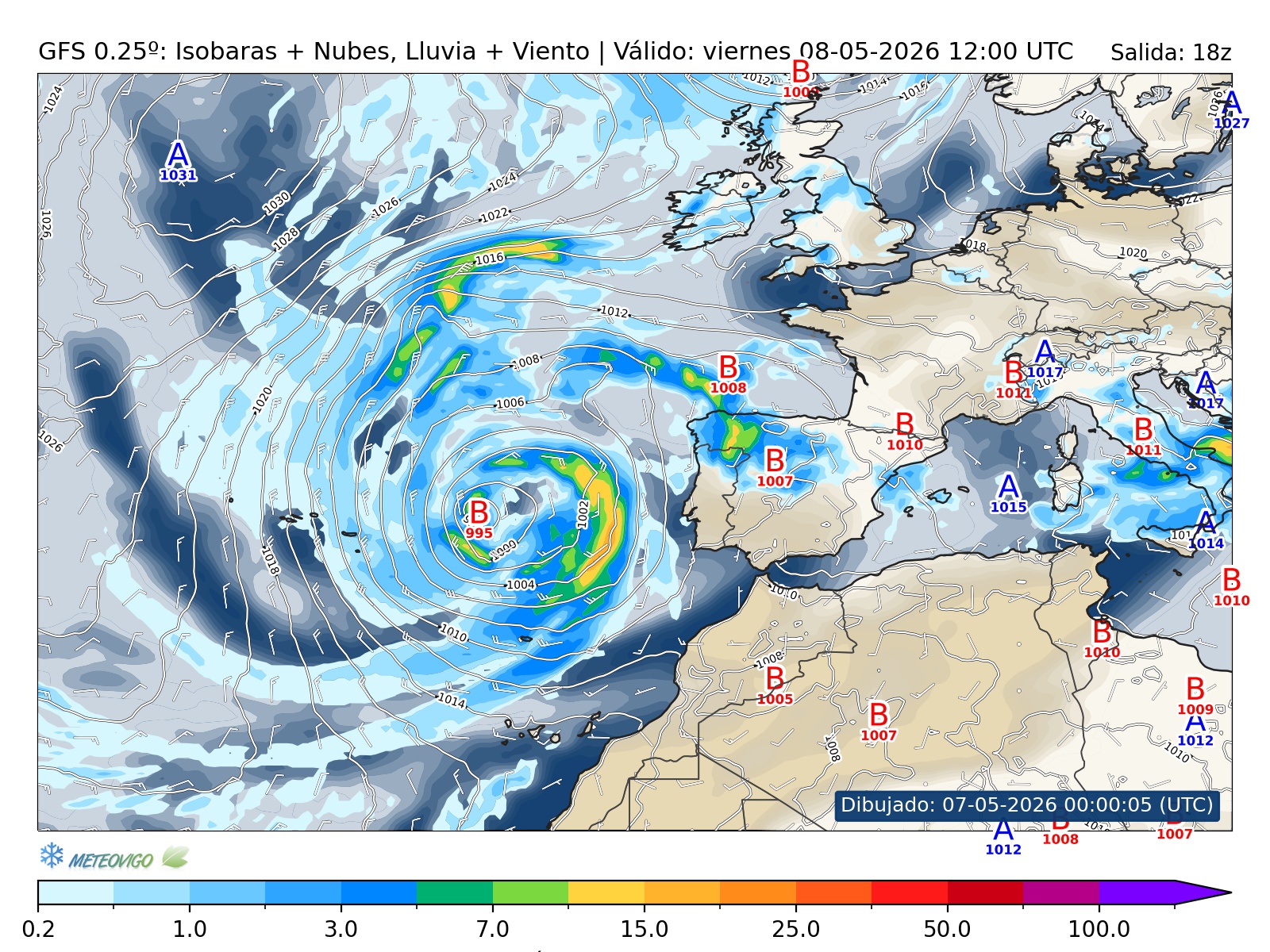 mapa GFS lluvia isobaras nubes viento hora 042