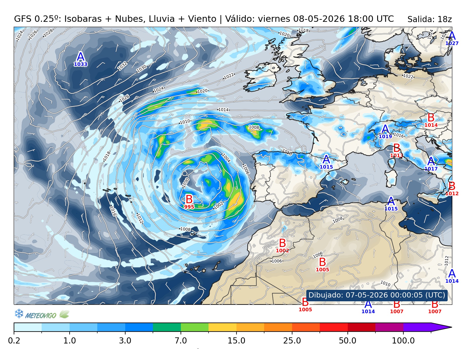 mapa GFS lluvia isobaras nubes viento hora 048