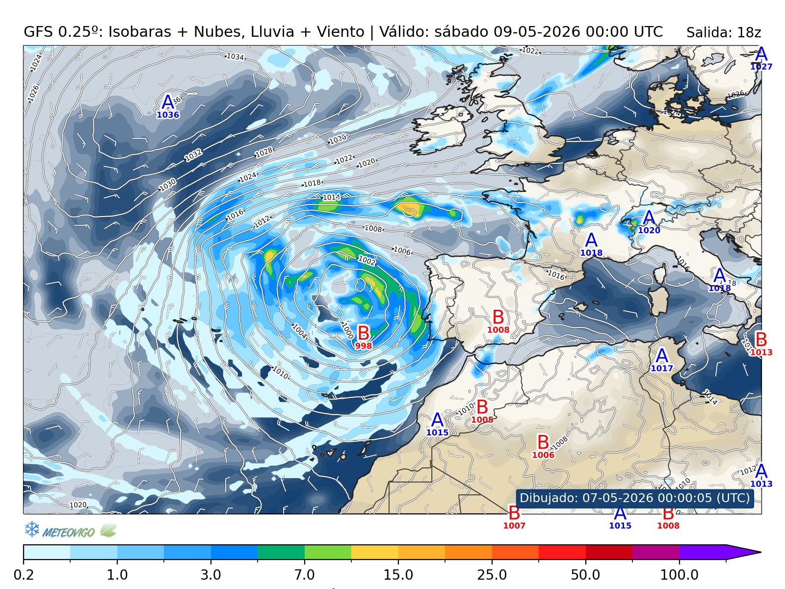 mapa GFS lluvia isobaras nubes viento hora 054