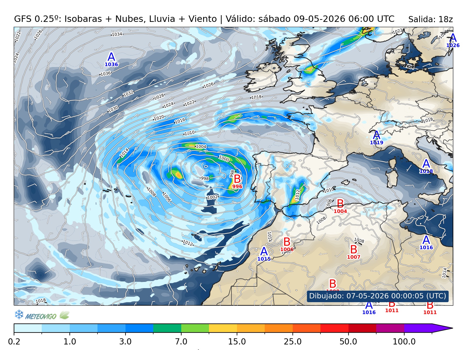 mapa GFS lluvia isobaras nubes viento hora 060