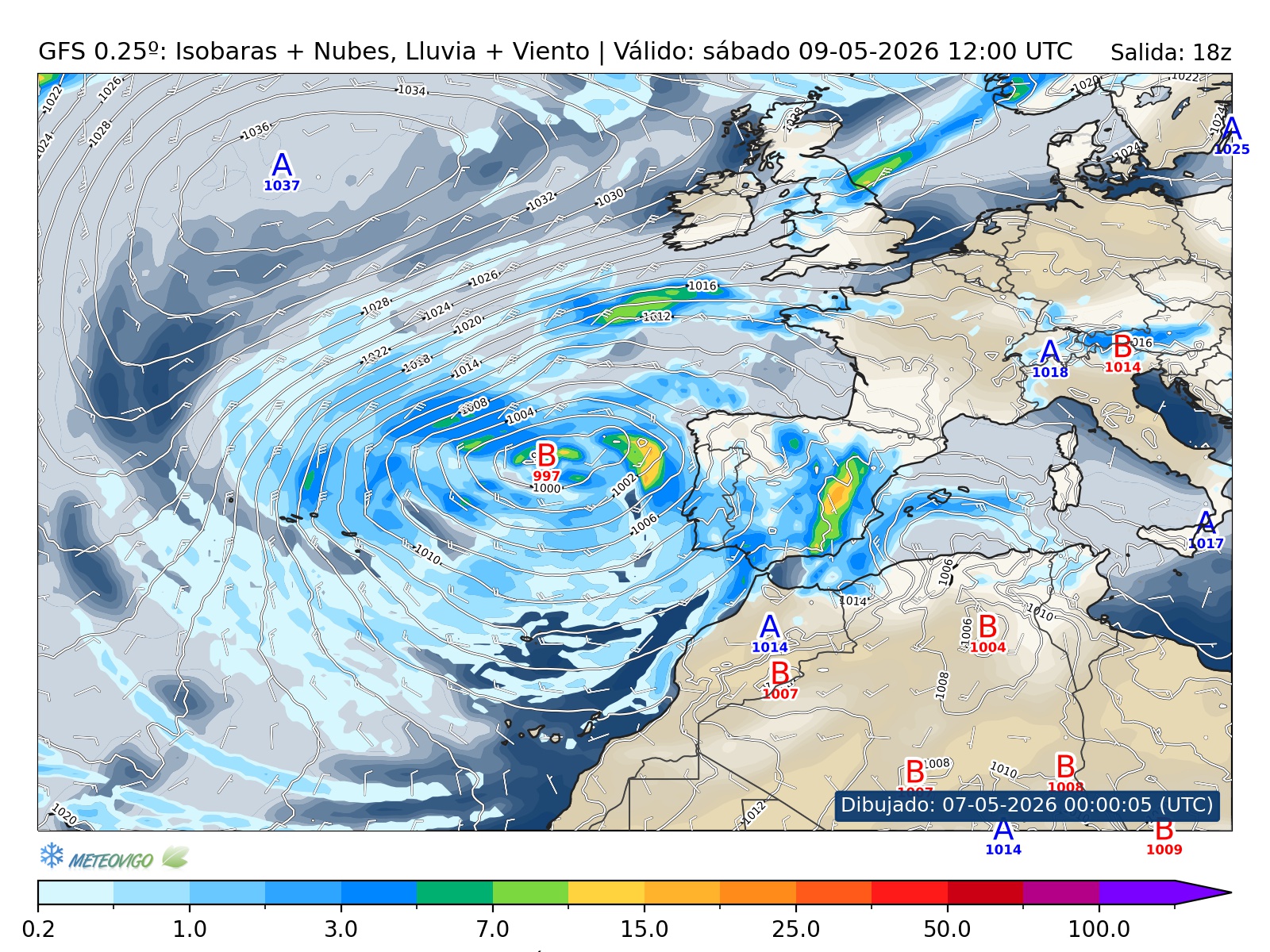 mapa GFS lluvia isobaras nubes viento hora 066