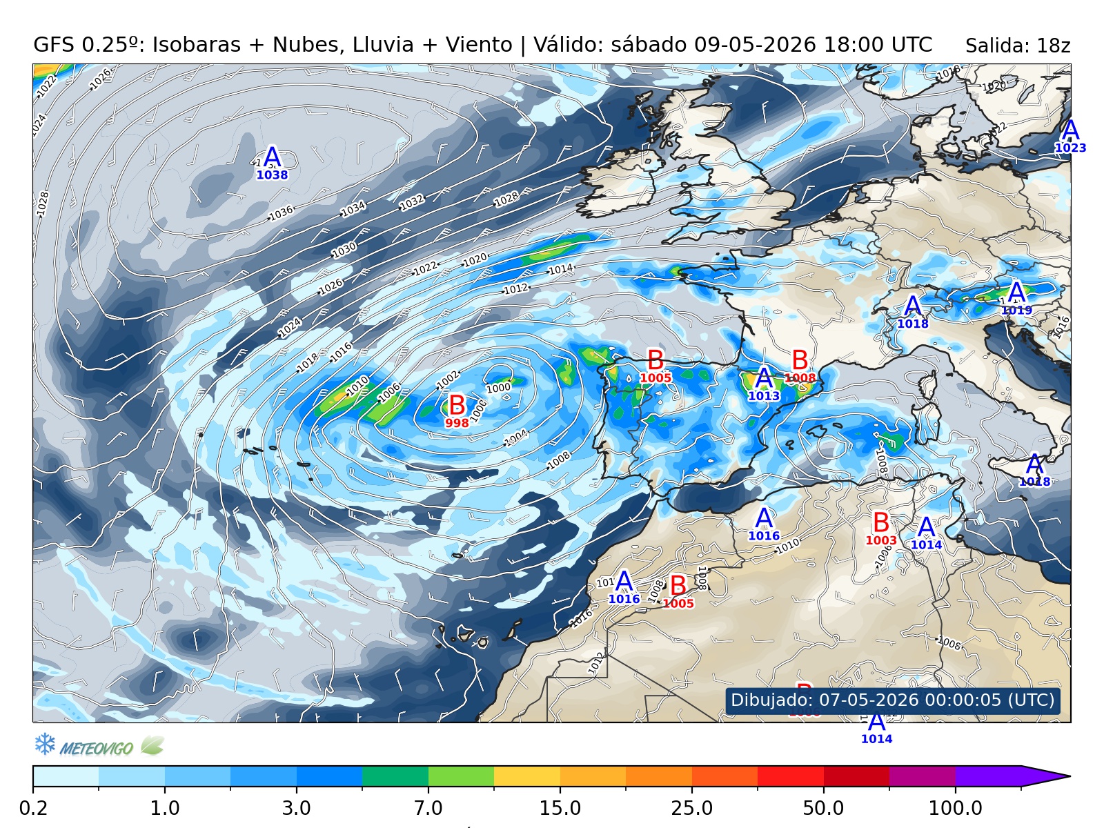 mapa GFS lluvia isobaras nubes viento hora 072