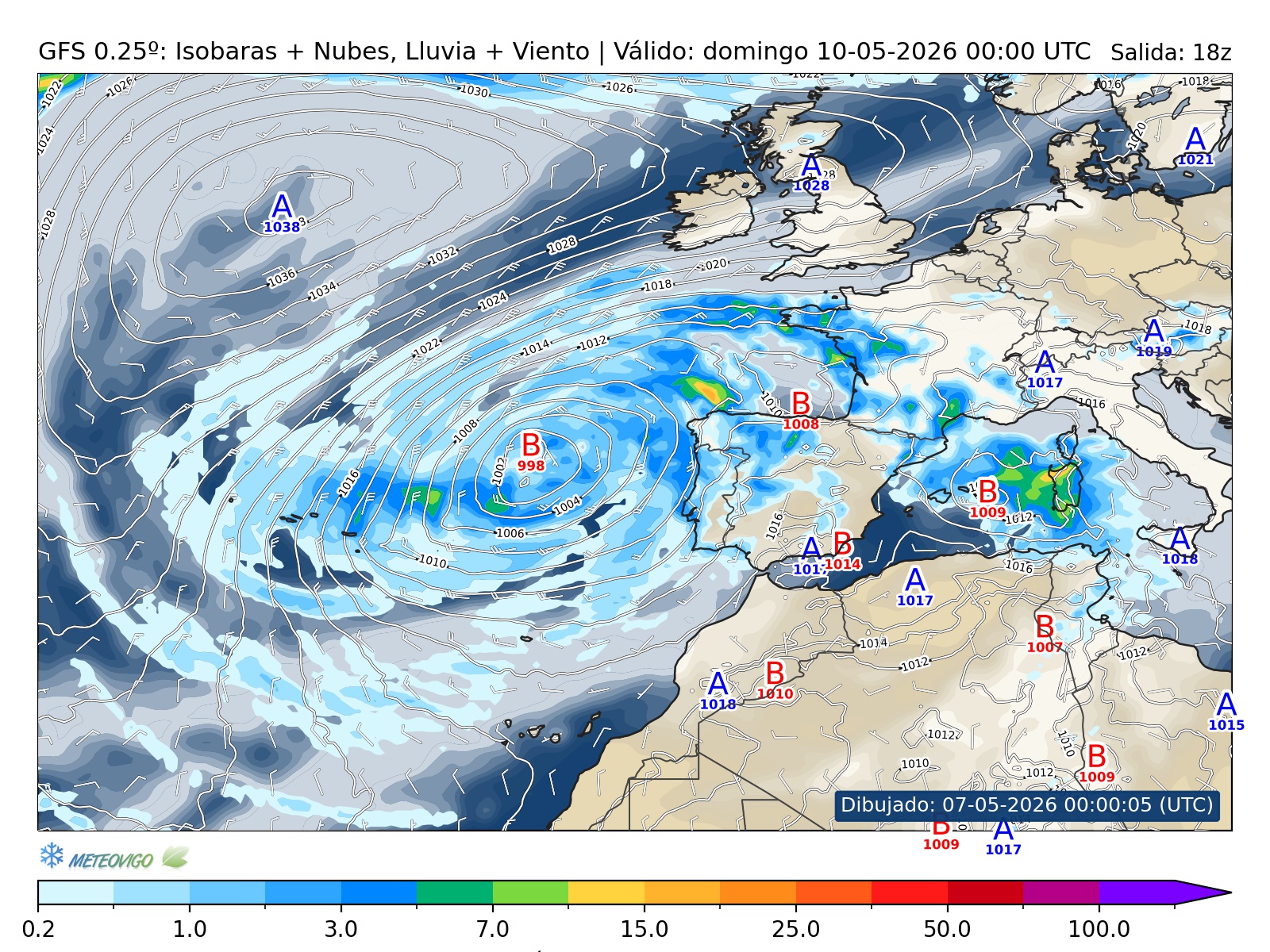 mapa GFS lluvia isobaras nubes viento hora 078