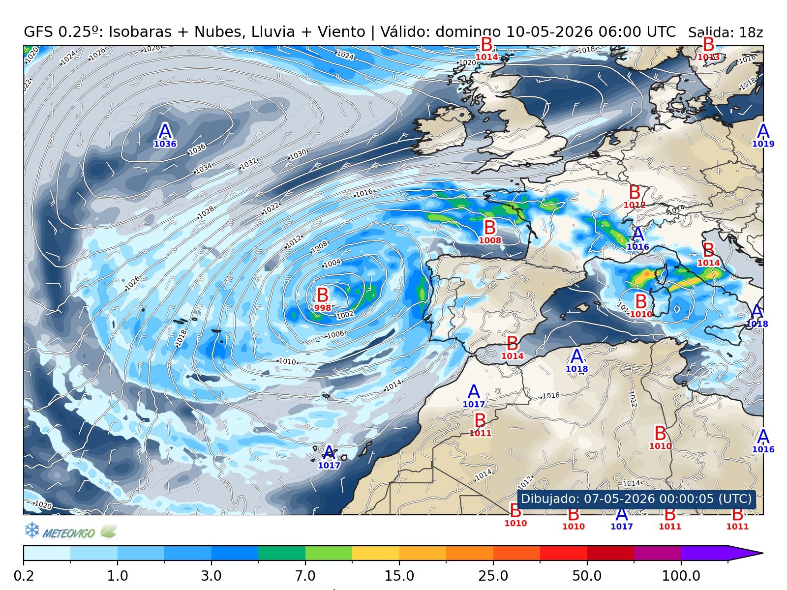 mapa GFS lluvia isobaras nubes viento hora 084