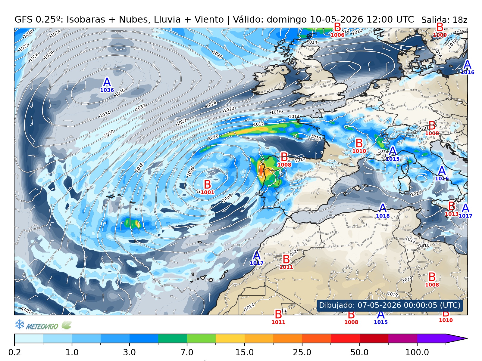 mapa GFS lluvia isobaras nubes viento hora 090