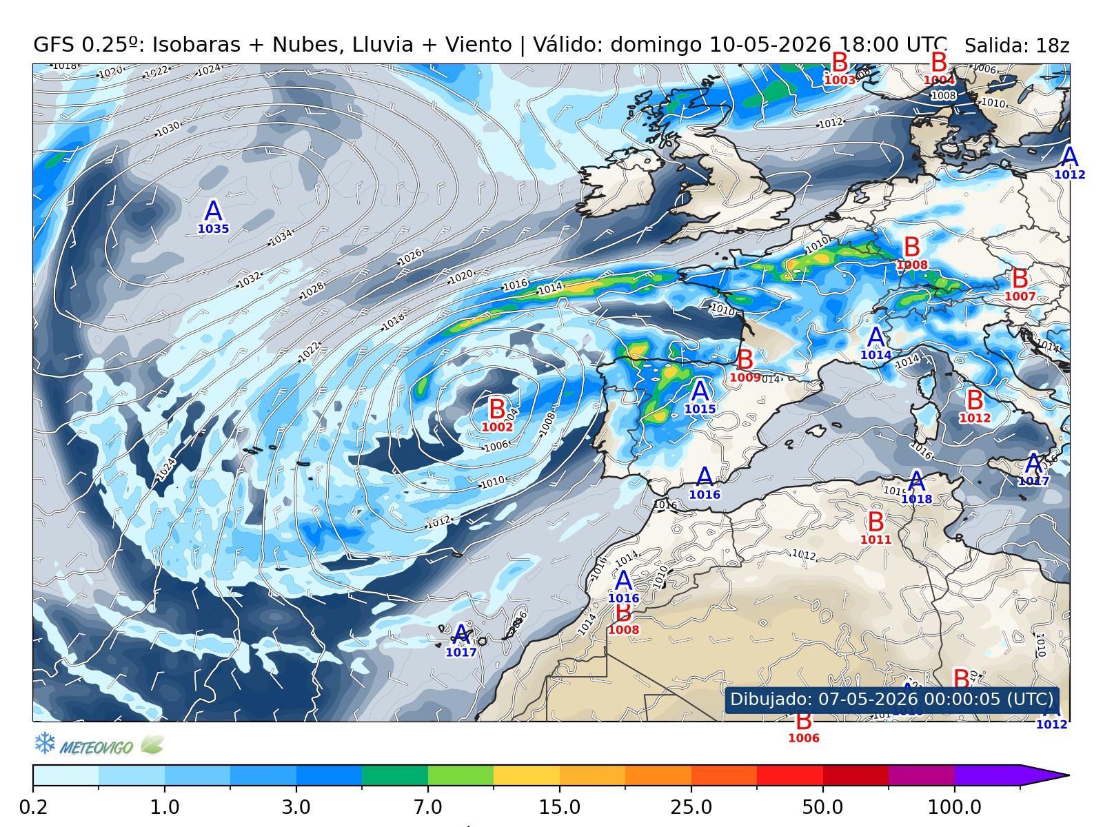 mapa GFS lluvia isobaras nubes viento hora 096