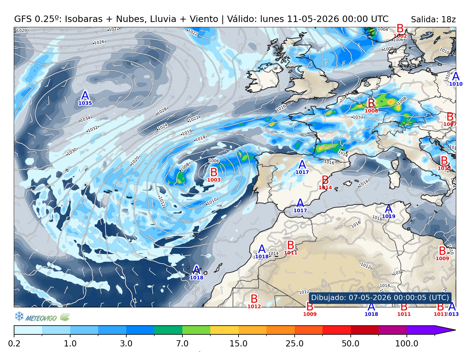 mapa GFS lluvia isobaras nubes viento hora 102