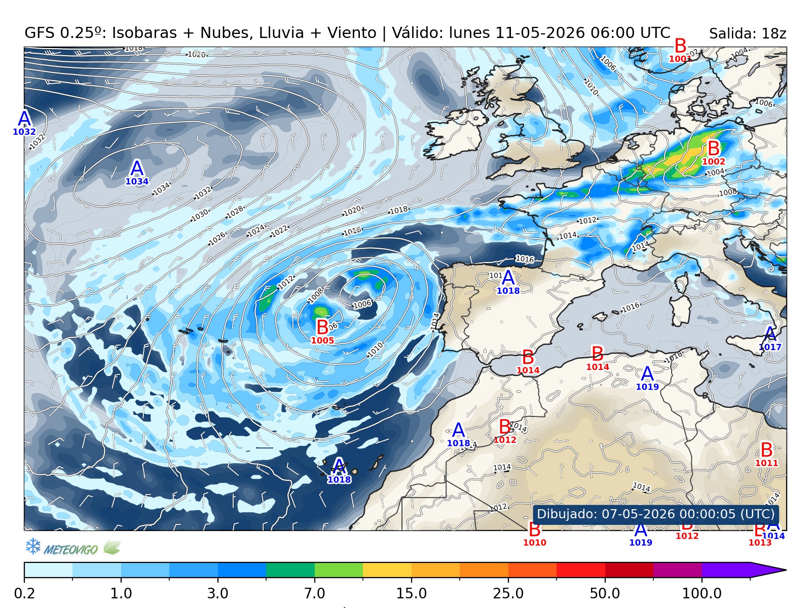 mapa GFS lluvia isobaras nubes viento hora 108