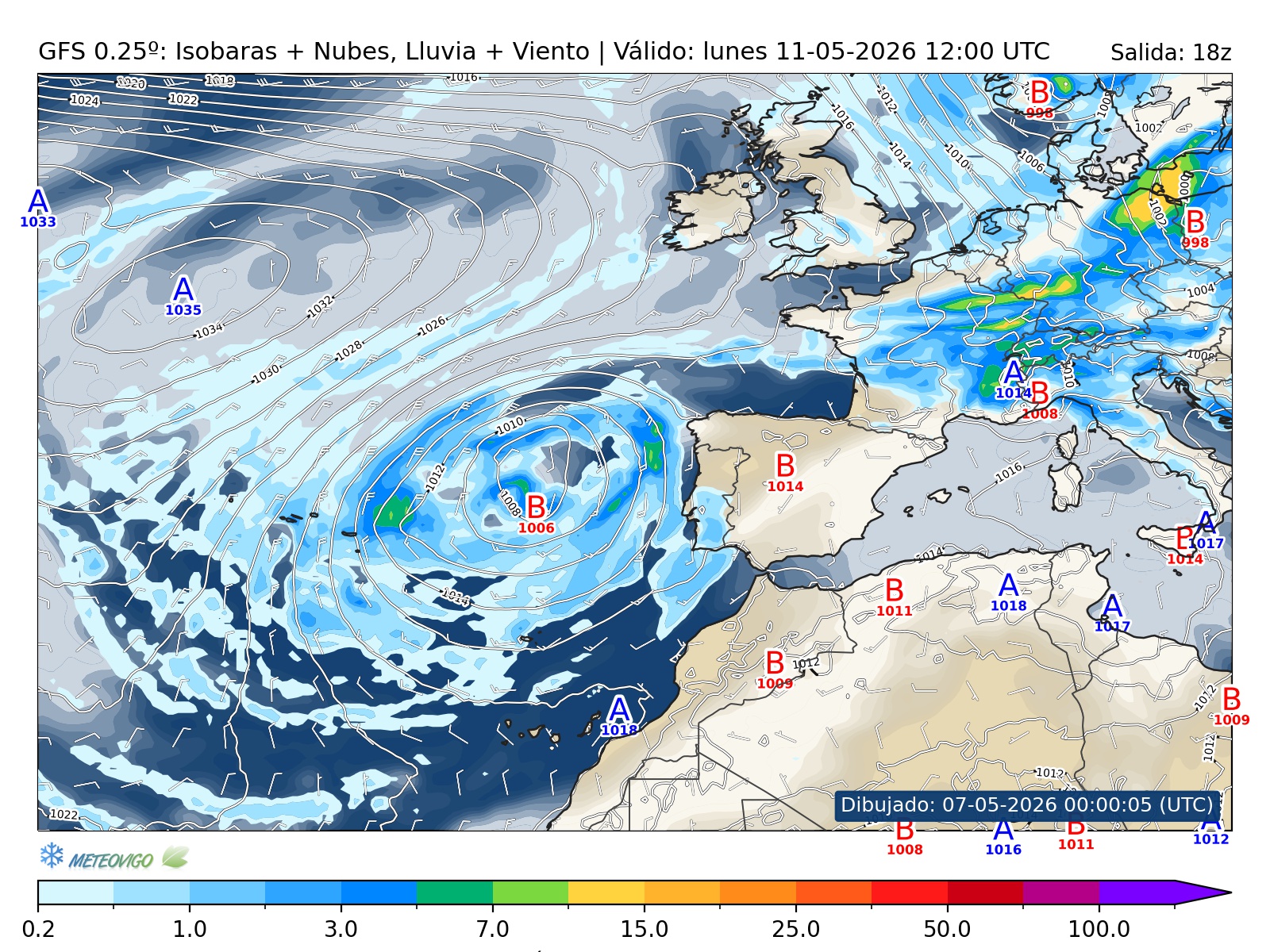 mapa GFS lluvia isobaras nubes viento hora 114