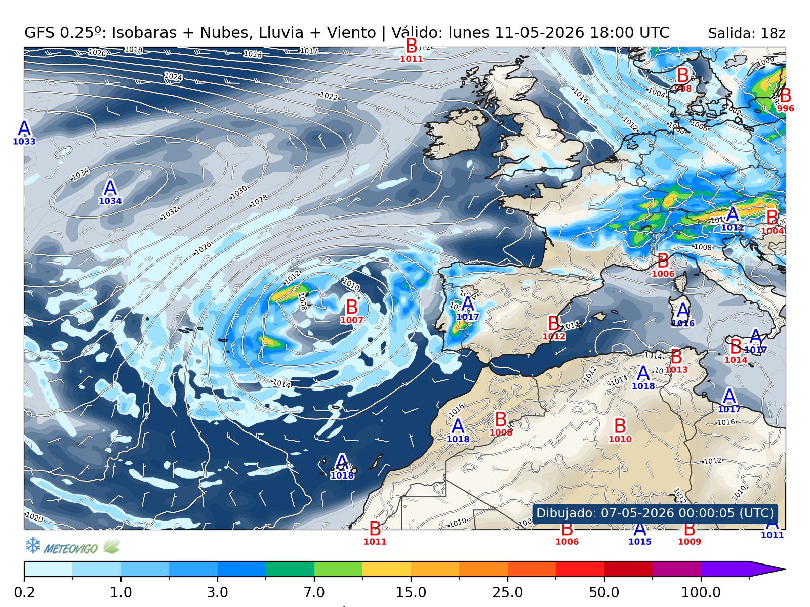 mapa GFS lluvia isobaras nubes viento hora 120