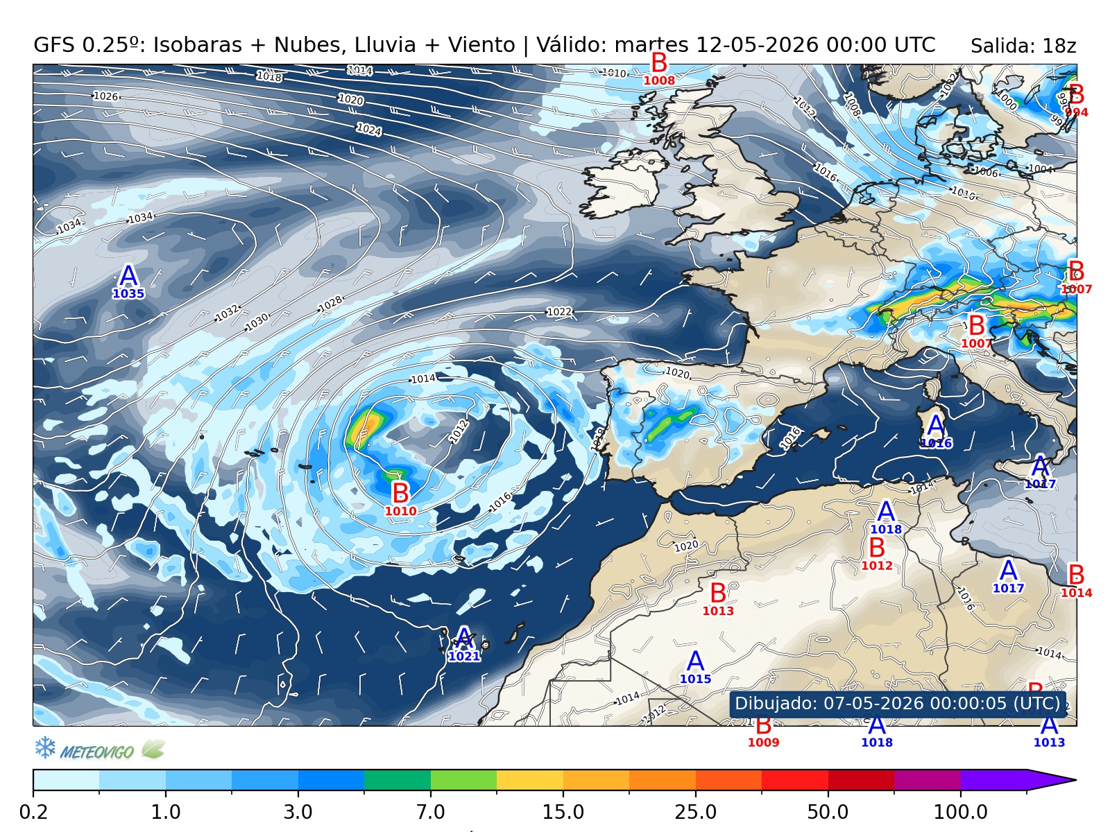 mapa GFS lluvia isobaras nubes viento hora 126