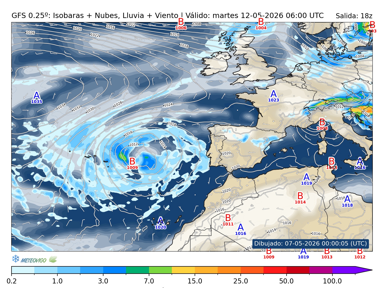 mapa GFS lluvia isobaras nubes viento hora 132