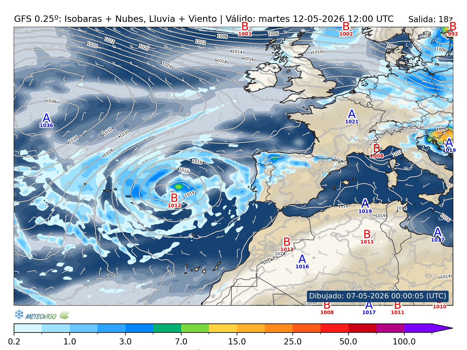 mapa GFS lluvia isobaras nubes viento hora 138