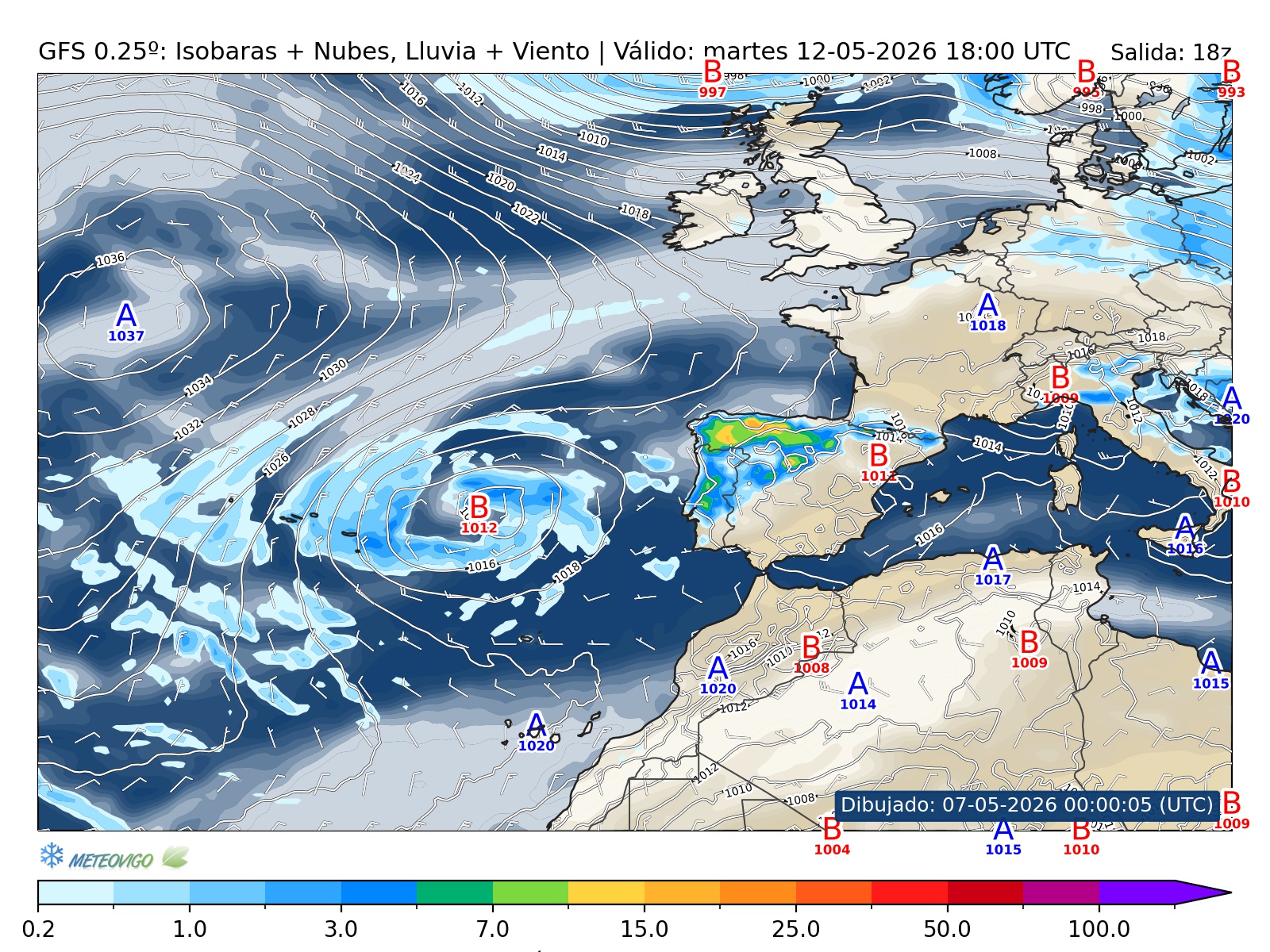 mapa GFS lluvia isobaras nubes viento hora 144