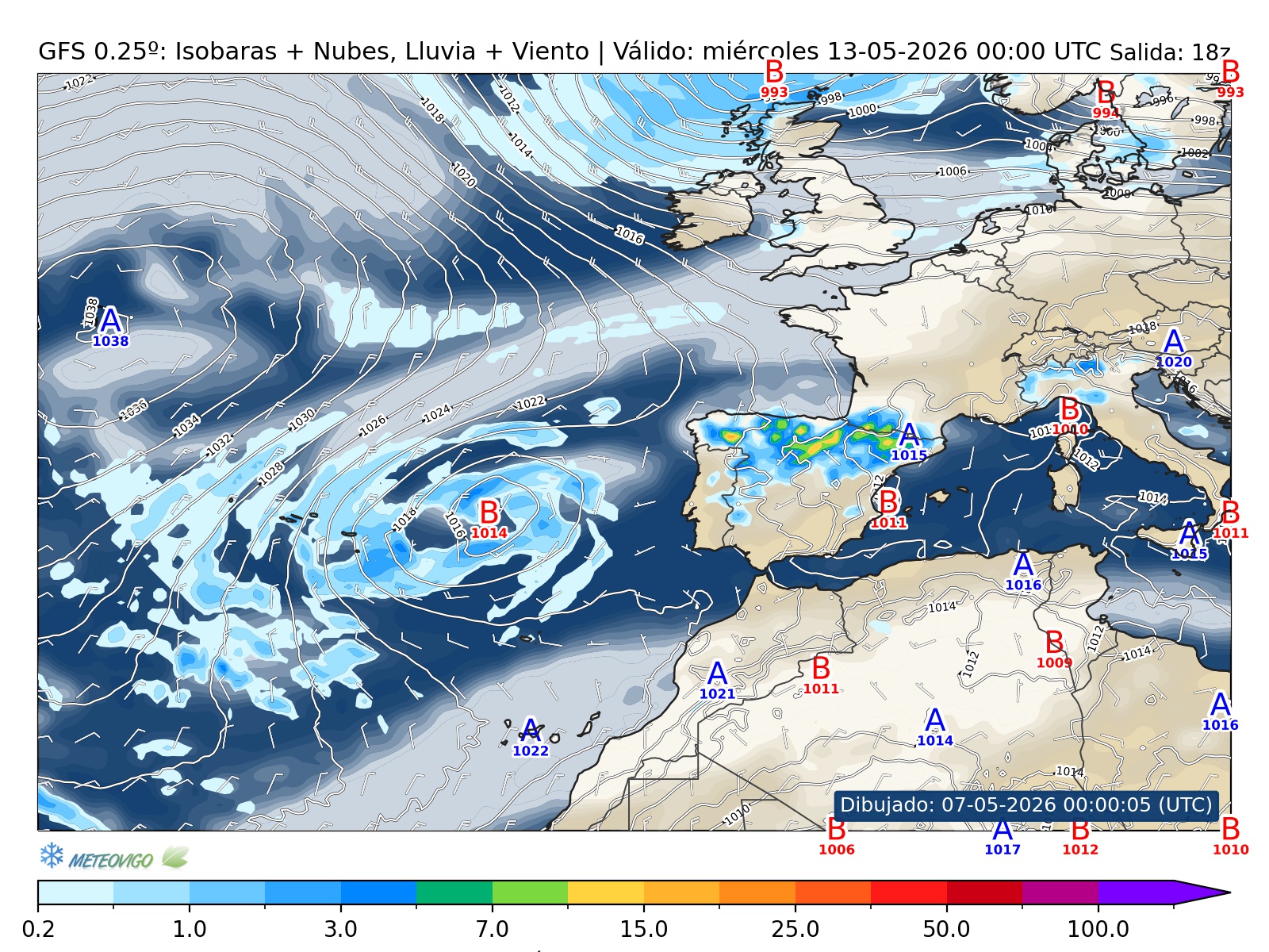 mapa GFS lluvia isobaras nubes viento hora 150