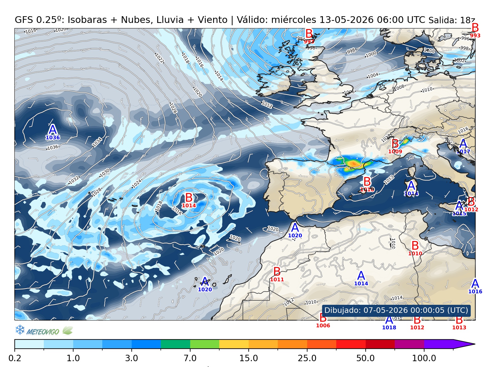 mapa GFS lluvia isobaras nubes viento hora 156