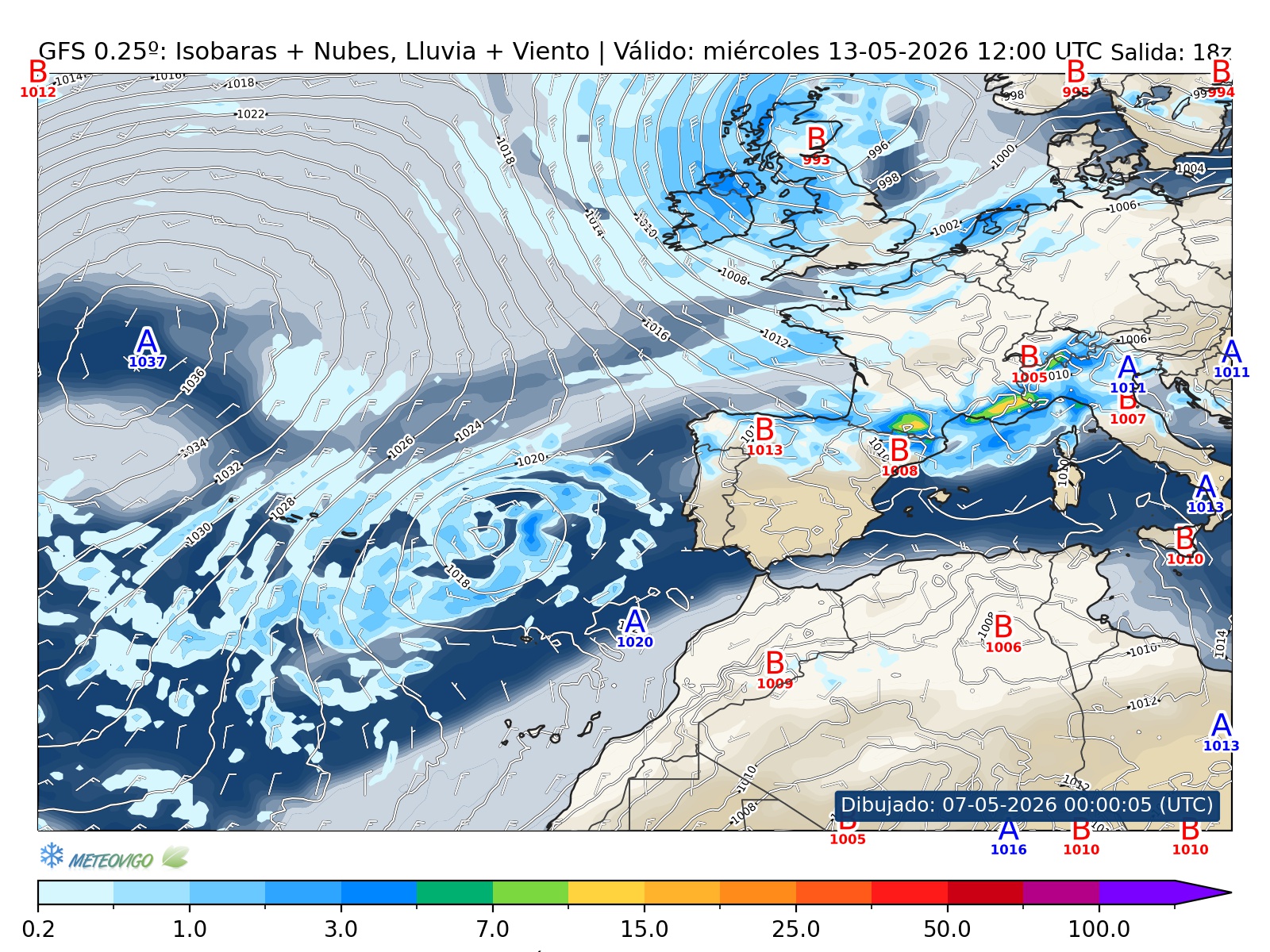 mapa GFS lluvia isobaras nubes viento hora 162