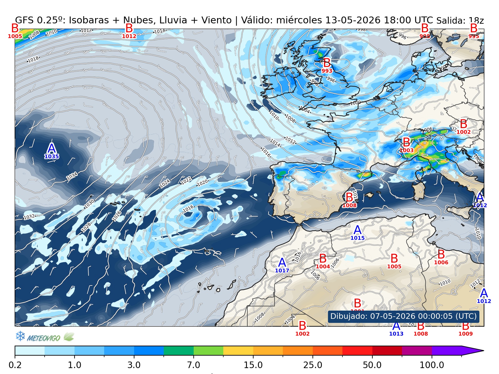 mapa GFS lluvia isobaras nubes viento hora 168