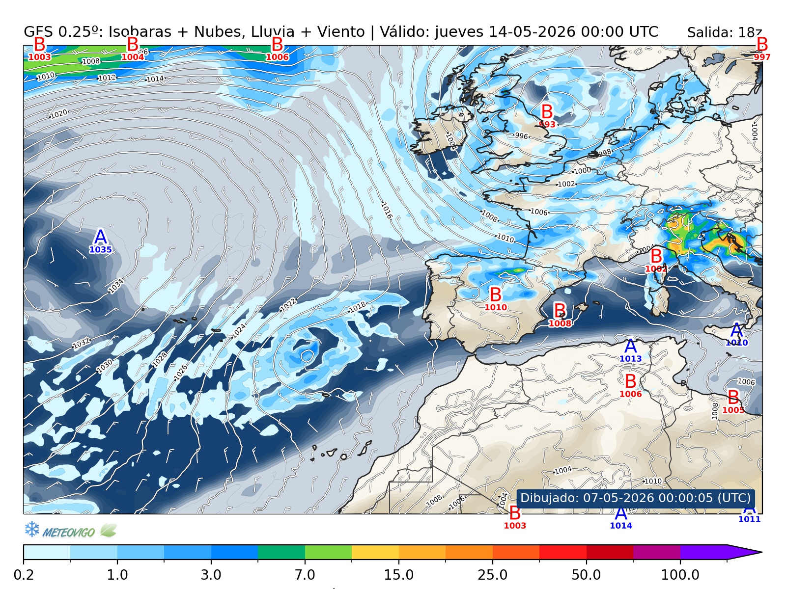 mapa GFS lluvia isobaras nubes viento hora 174
