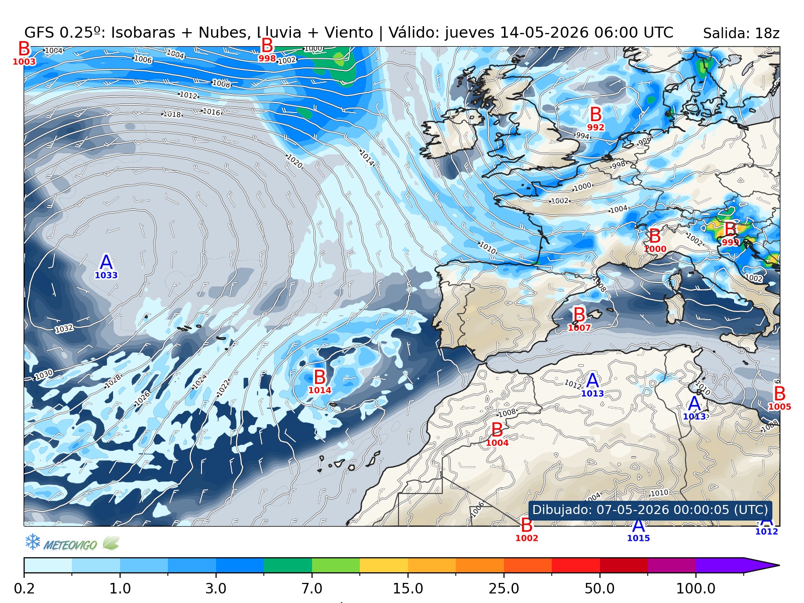 mapa GFS lluvia isobaras nubes viento hora 180