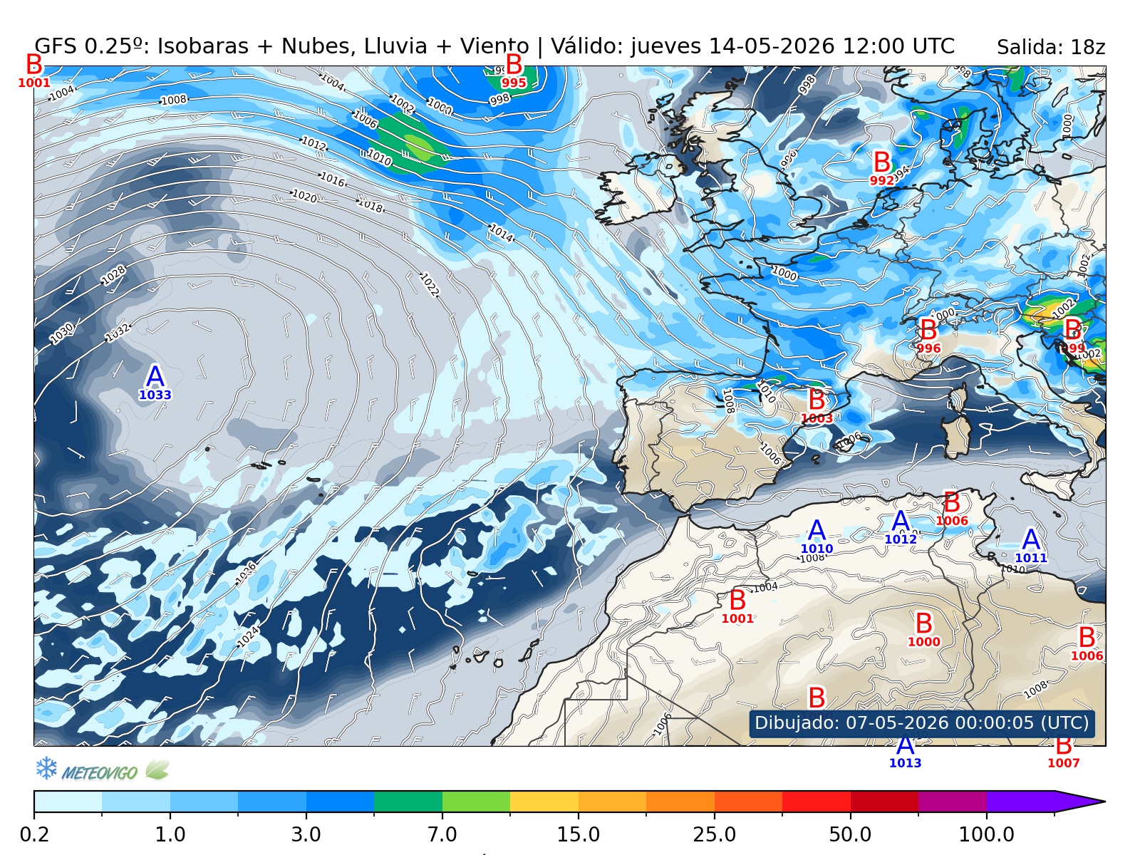 mapa GFS lluvia isobaras nubes viento hora 186