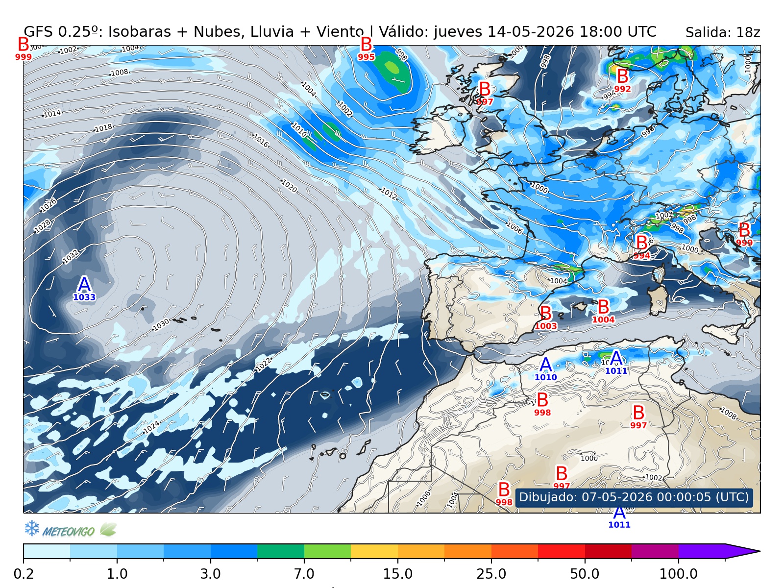 mapa GFS lluvia isobaras nubes viento hora 192