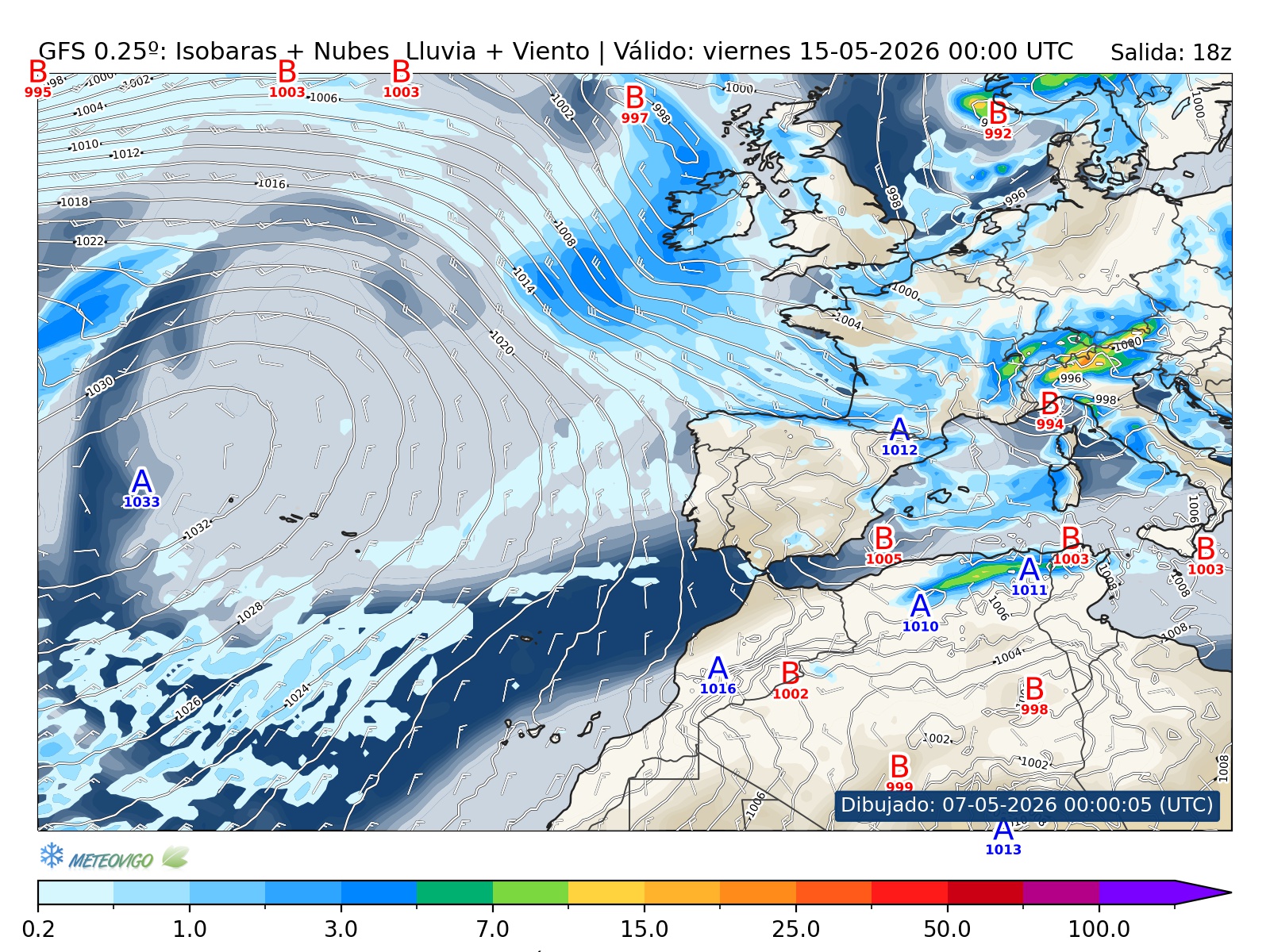 mapa GFS lluvia isobaras nubes viento hora 198