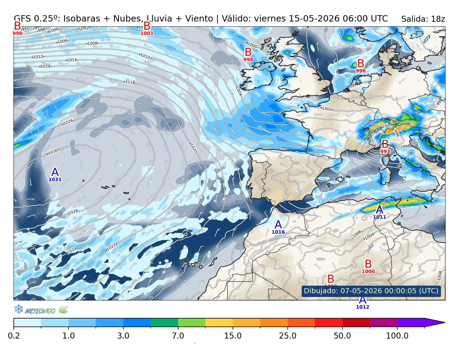 mapa GFS lluvia isobaras nubes viento hora 204