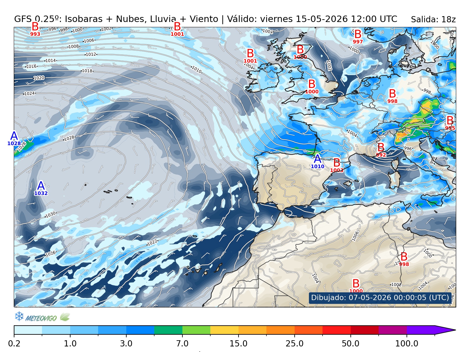 mapa GFS lluvia isobaras nubes viento hora 210