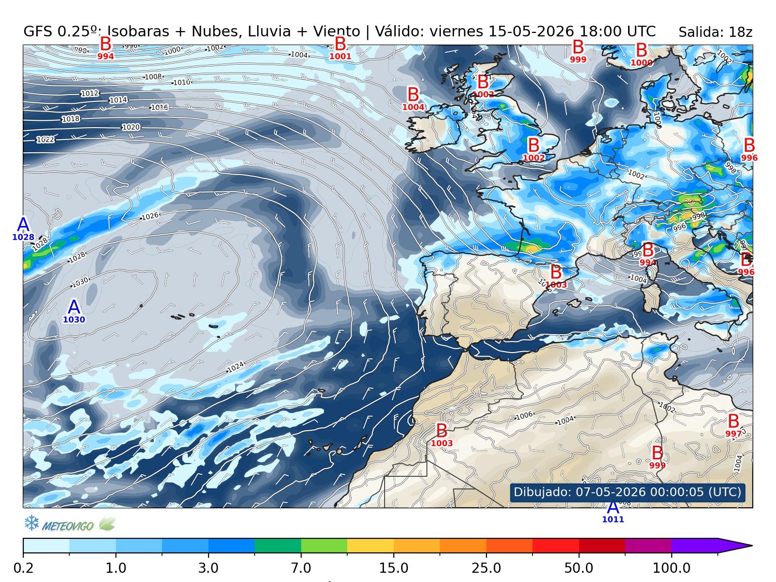 mapa GFS lluvia isobaras nubes viento hora 216