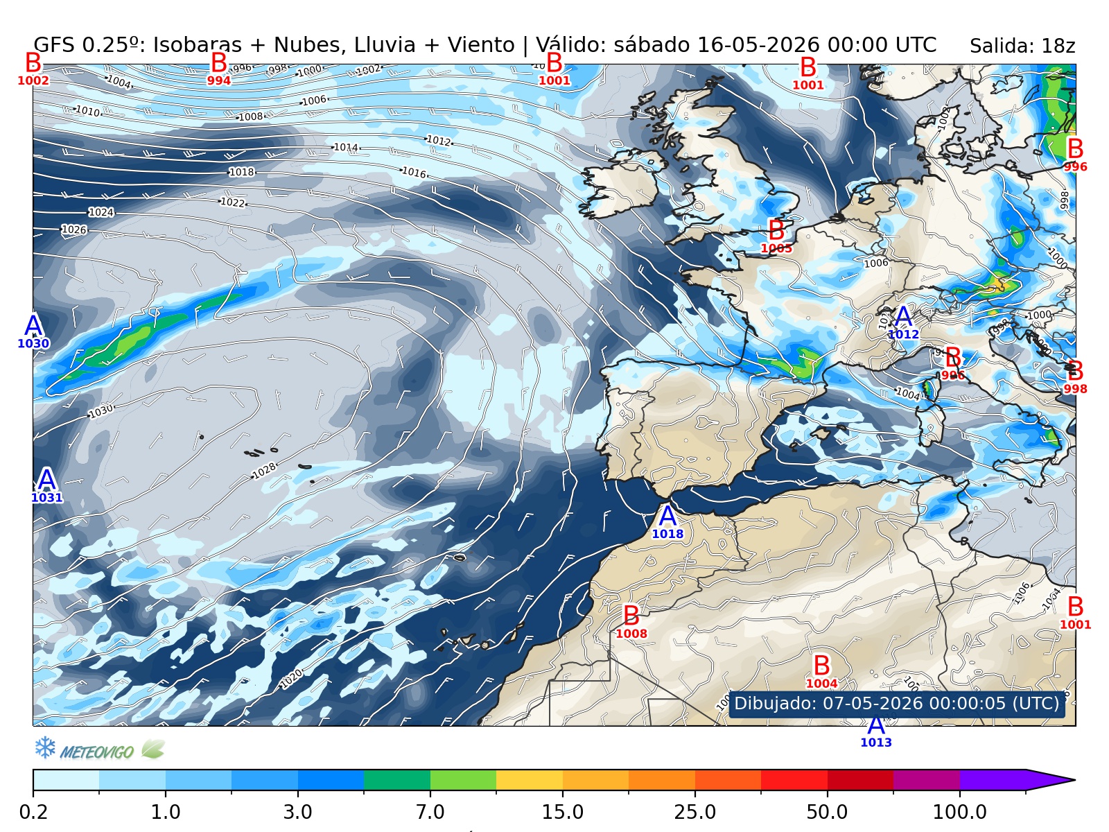 mapa GFS lluvia isobaras nubes viento hora 222