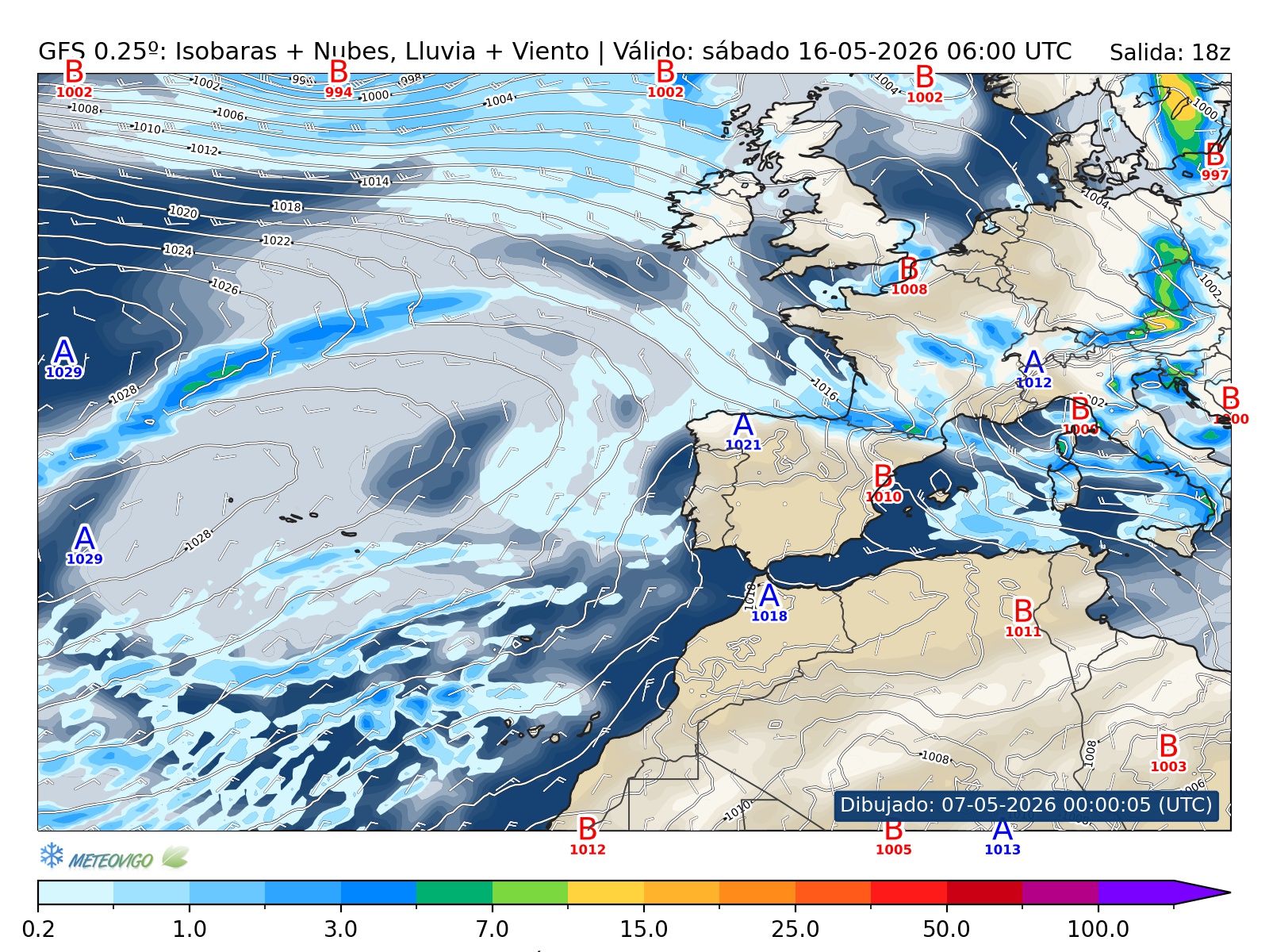 mapa GFS lluvia isobaras nubes viento hora 228