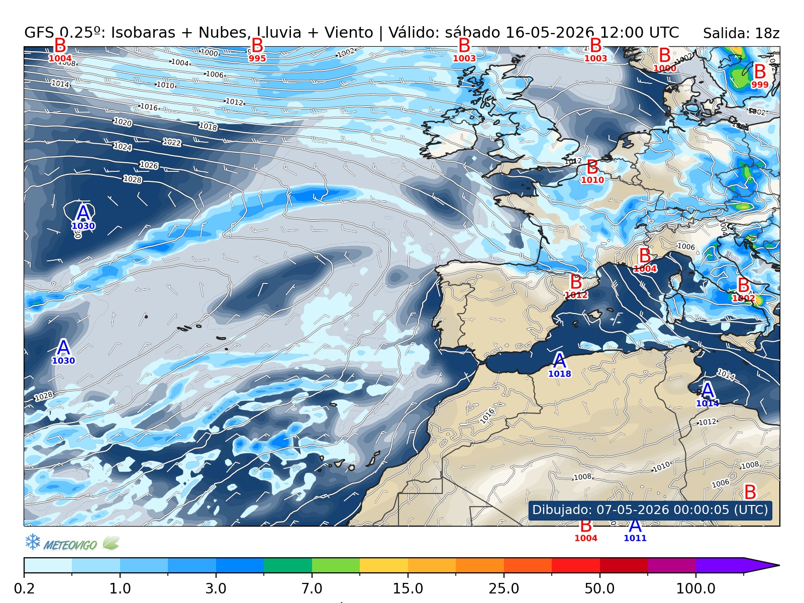 mapa GFS lluvia isobaras nubes viento hora 234