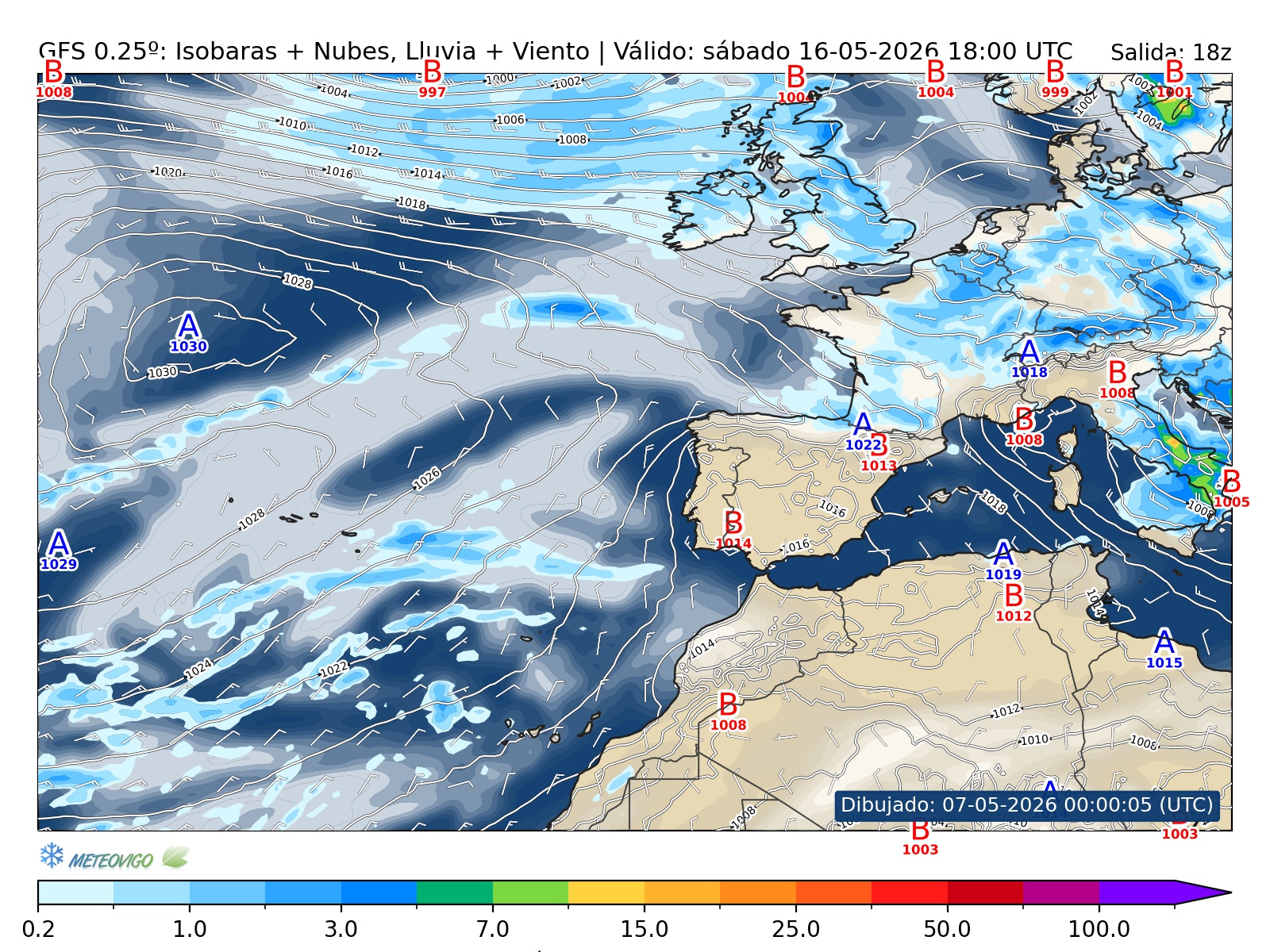 mapa GFS lluvia isobaras nubes viento hora 240